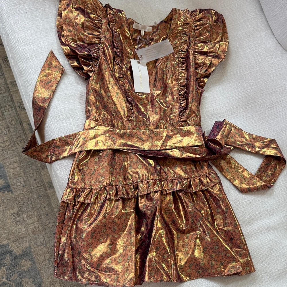 LoveShackFancy Gold and Purple Floral Dress